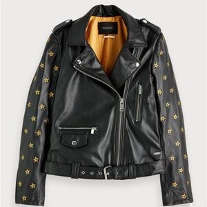 Scotch and Soda Star Embroidered Leather Moto Jacket